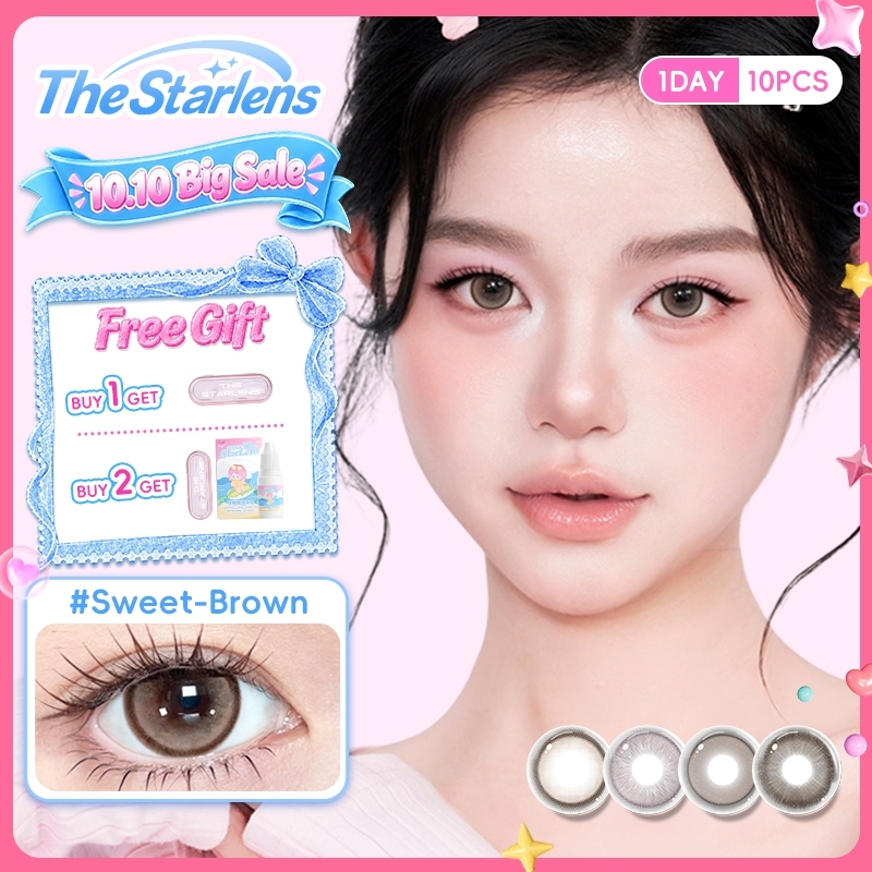 Kính áp tròng Starlens lens 1 ngày 10 chiếc tròng kính mềm màu nâu/xám dùng để trang điểm tròng kính nhiều màu có độ (0-8)