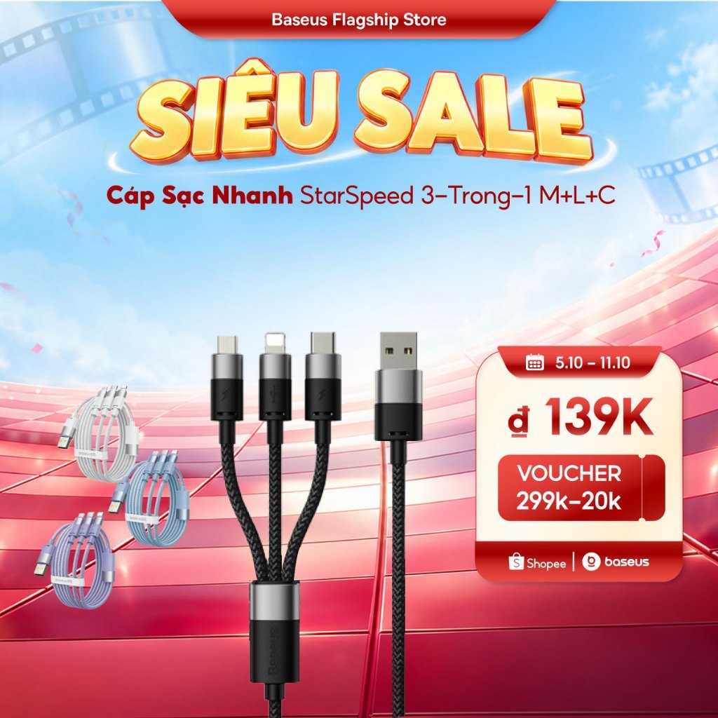 Baseus 3 trong 1 USB C 3.5A Cáp sạc Micro Type C