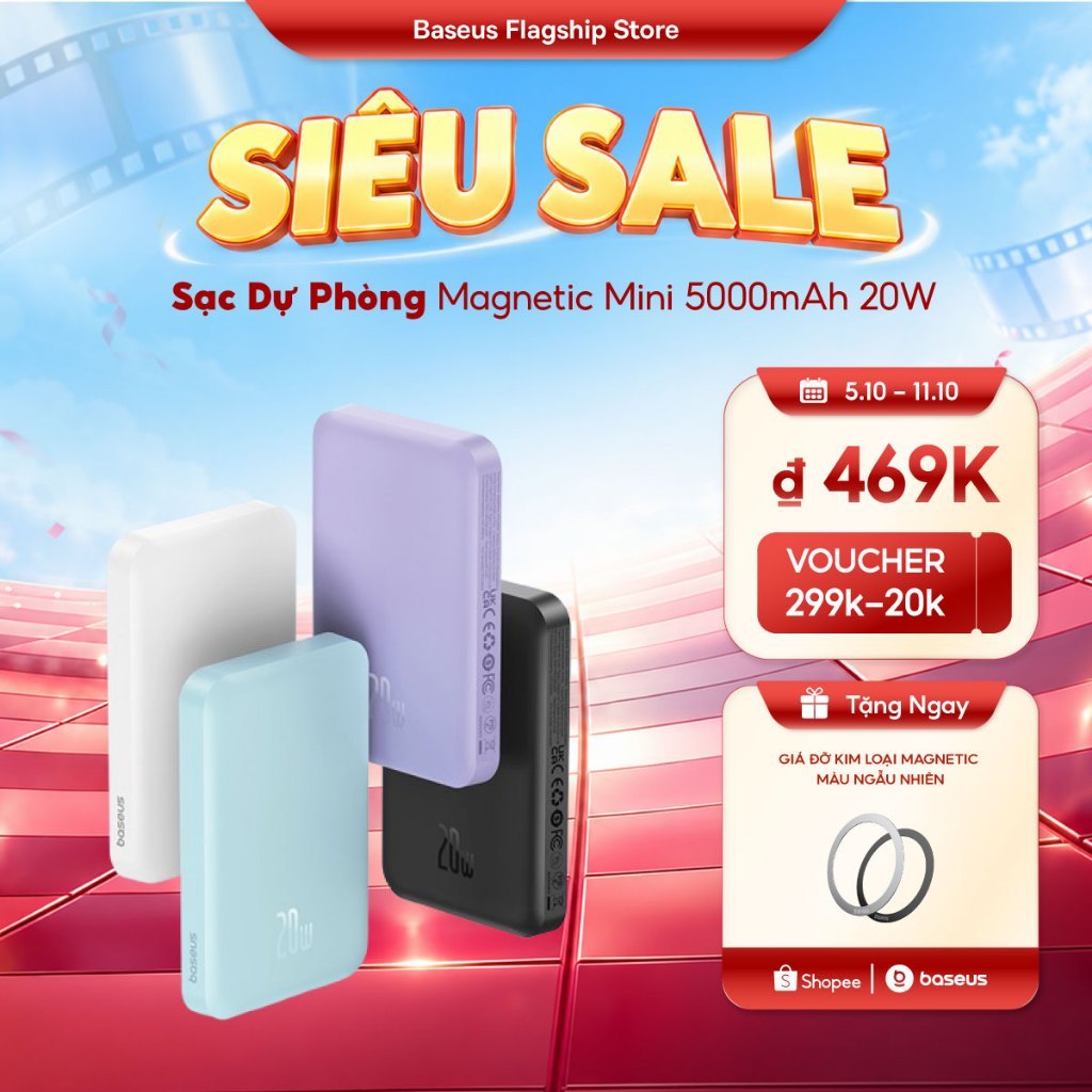 Baseus Sạc Dự Phòng 5000mah mini Không Dây Có Nam Châm Tự Động Bật Tắt