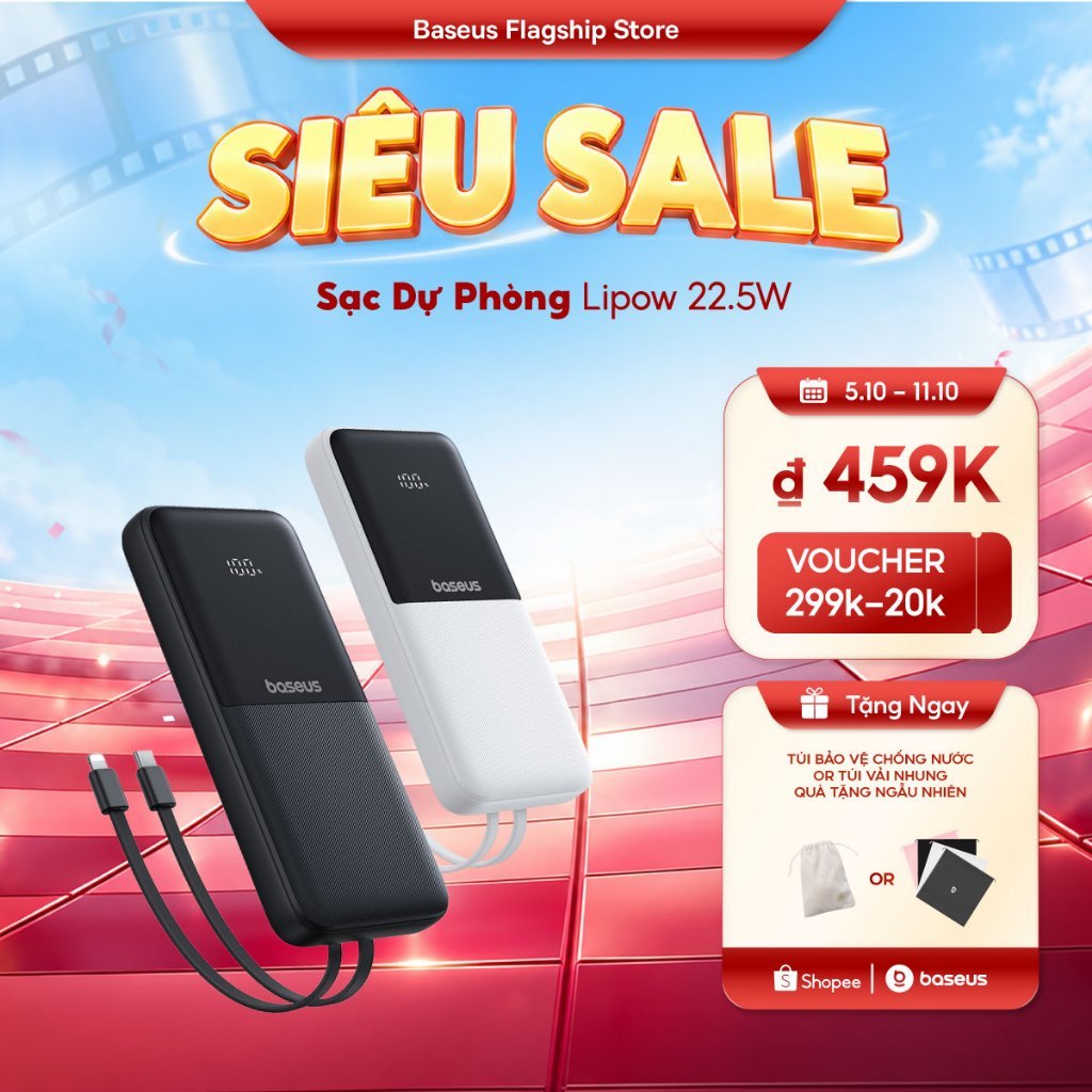 【Pin Sạc Dự Phòng Có Thể Đặt Hàng】Baseus Lipow Dual-Cable Power Bank với màn hình kỹ thuật số 10000 / 20000mAh 22,5W