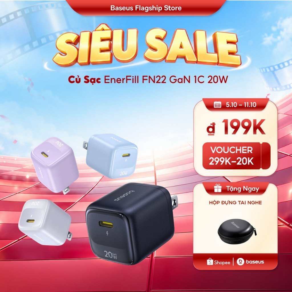 Baseus EnerFill FN22 Sạc Nhanh 1C 20W Bảo Vệ Nhiều An Toàn Bộ Chuyển Đổi Gan Tech Dành cho iPhone 18