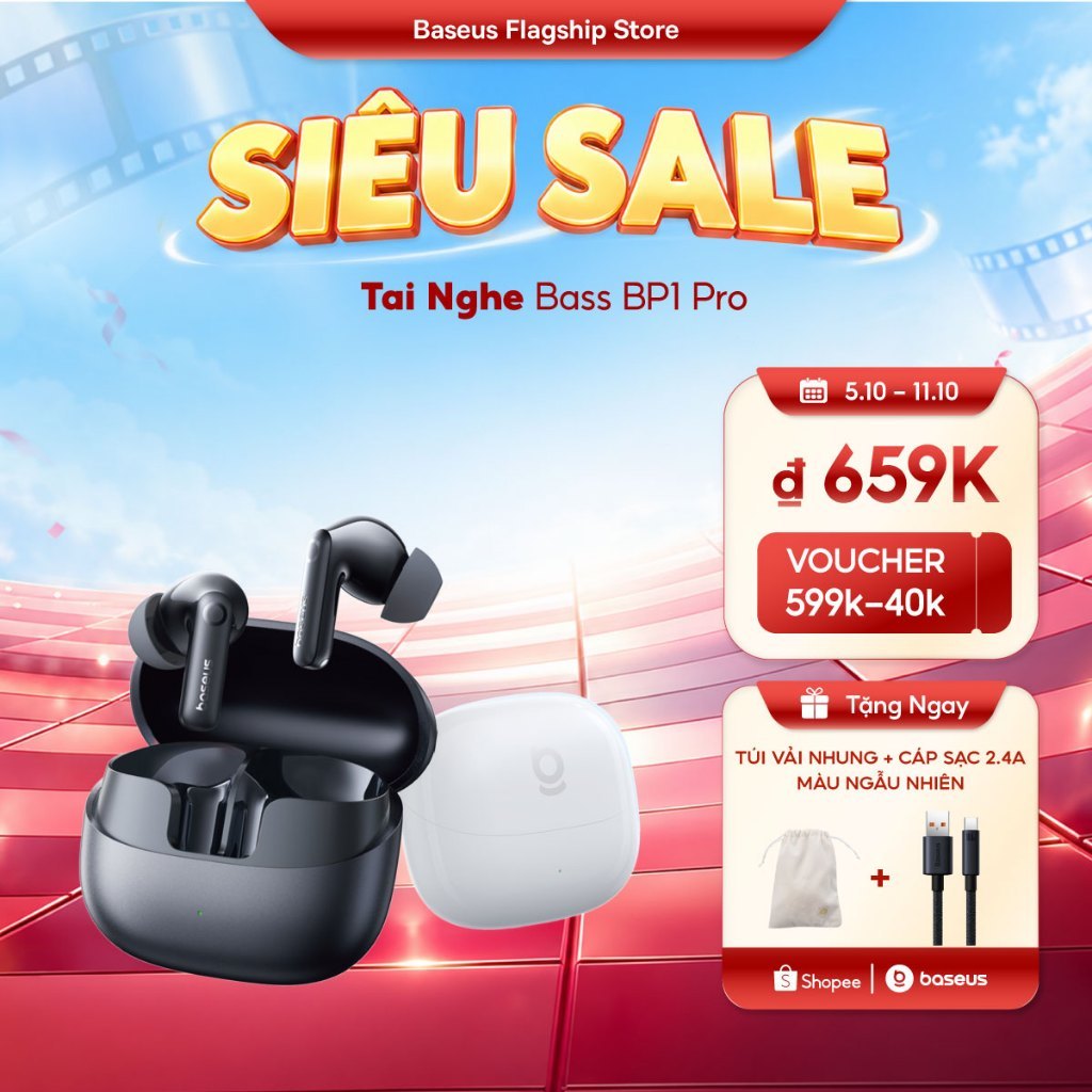 Tai nghe không dây Baseus BP1 Pro ANC -50dB Giảm tiếng ồn Hi-Res Bluetooth 6.0 IPX55 Chống nước 55Hr