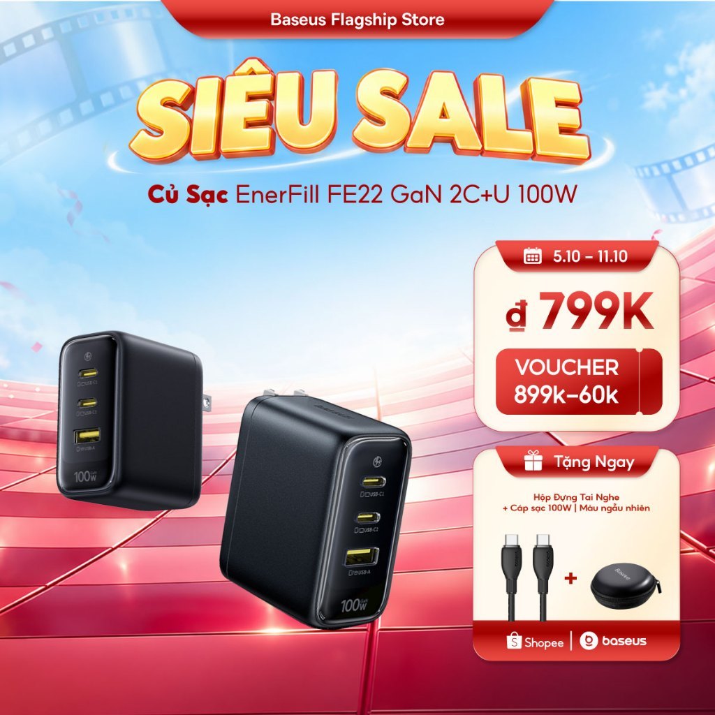 Bộ sạc nhanh Baseus EnerFill FE22 70W / 100w 2C + U USB-C USB-A cho iPhone Samsung Galaxy