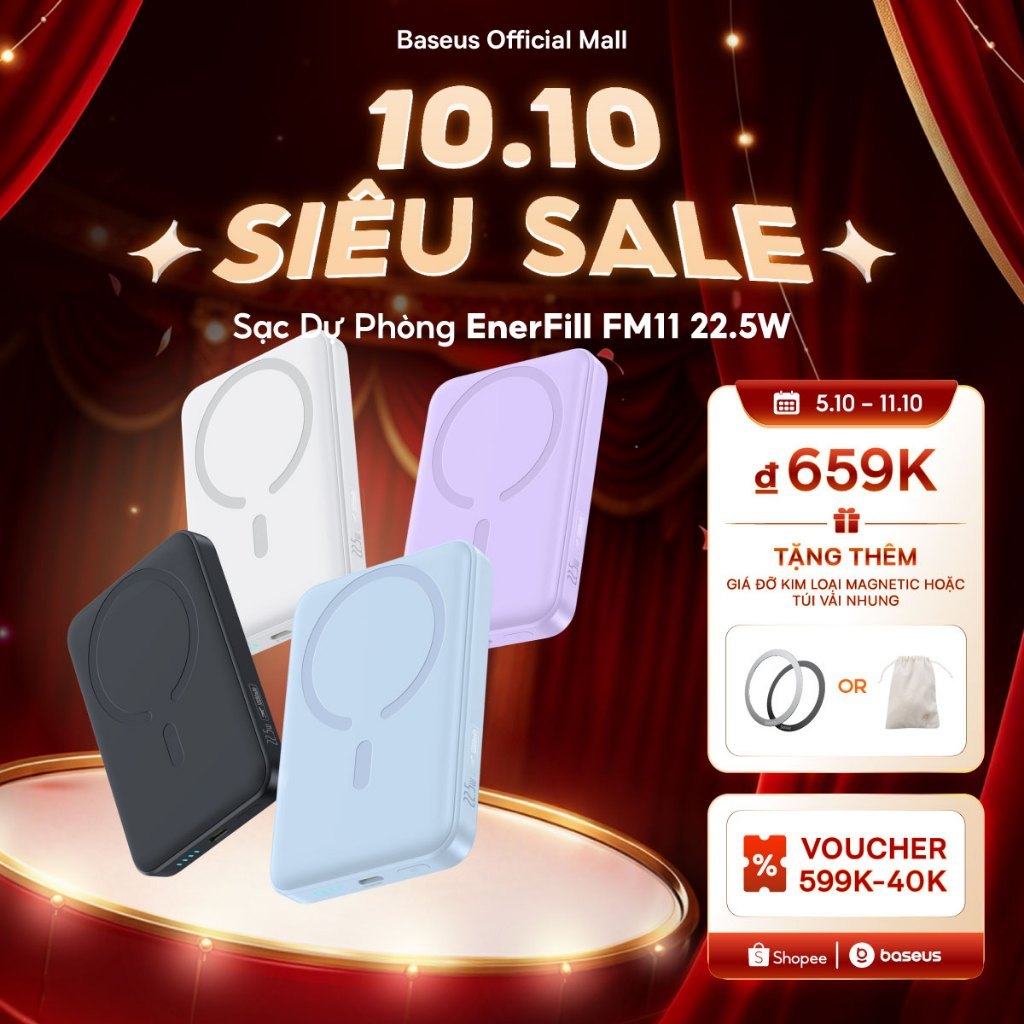 Pin sạc dự phòng không dây FM11 22.5W BASEUS 10000mah mini có nam châm thích hợp cho phone