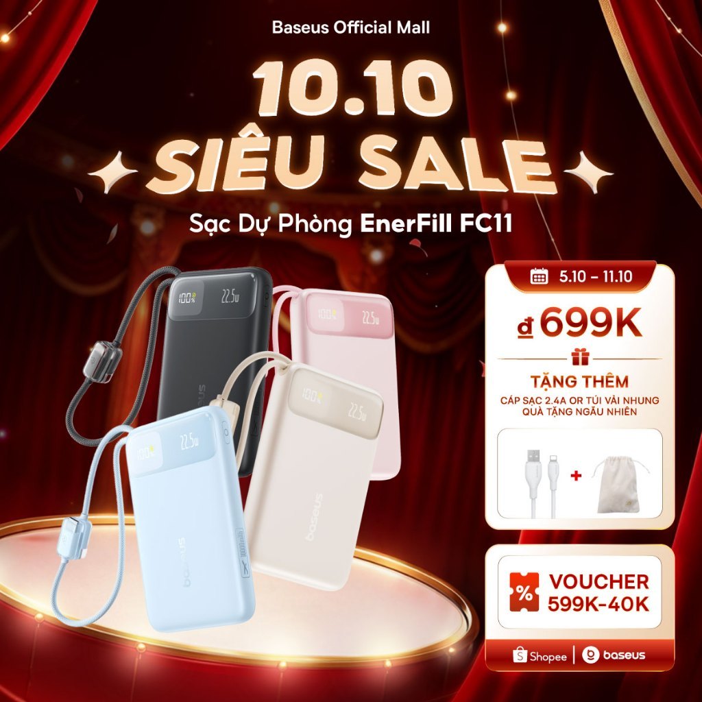 Sạc Dự Phòng EnerFill FC11 BASEUS có sạc nhanh 20W 20000mah thích hợp cho phone 15 / 14 / 13 / 12 xiaomi