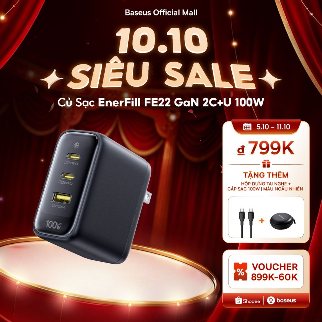 Bộ sạc nhanh Baseus EnerFill FE22 100w 2C + U USB-C USB-A cho iPhone Samsung Galaxy