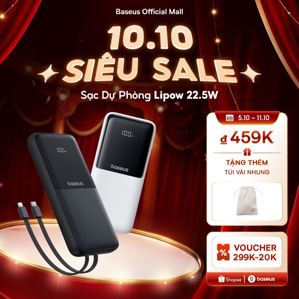 Sạc Dự Phòng Baseus Lipow 20000mAh – Cáp Kép, Màn Hình Kỹ Thuật Số, Công Suất 22.5W
