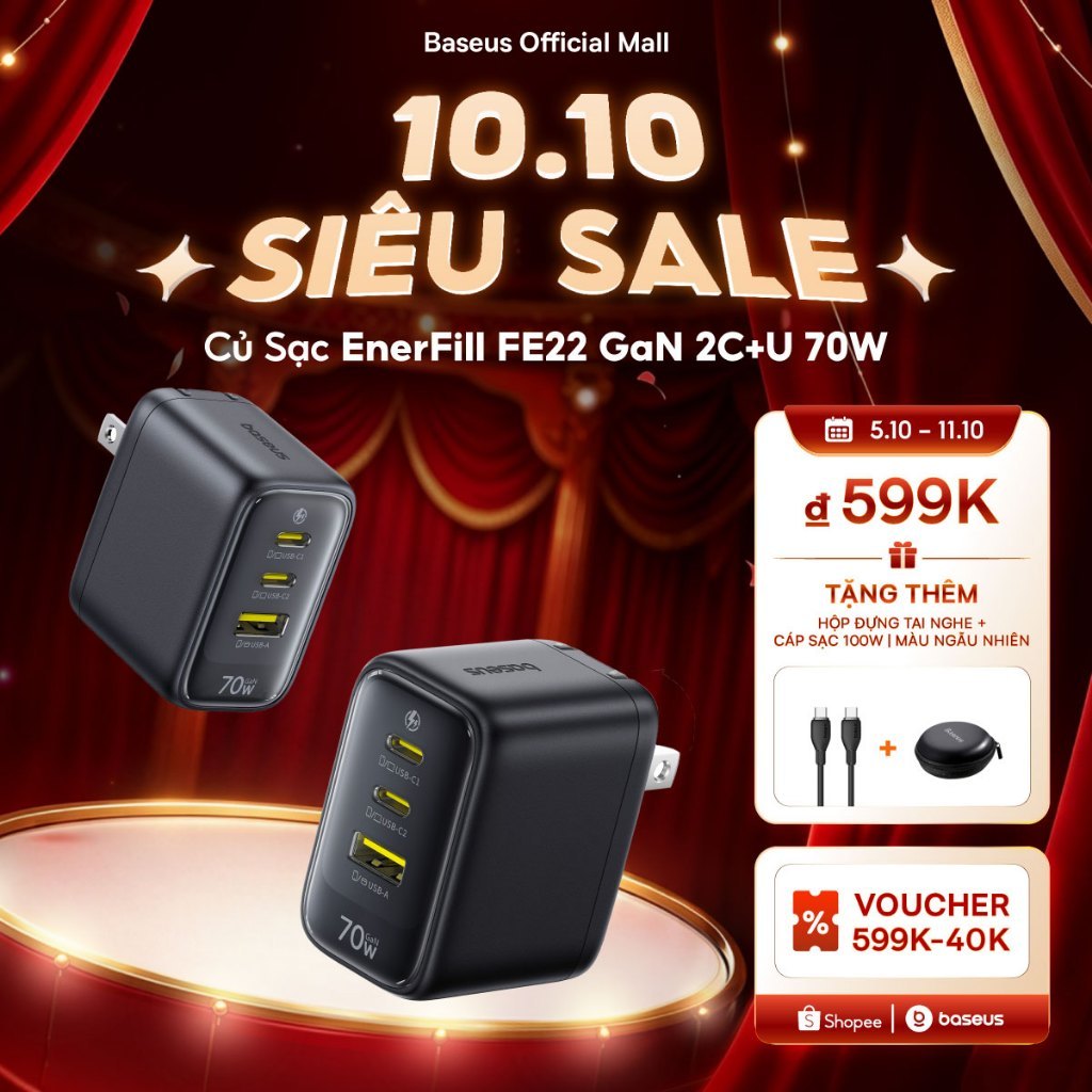 Củ Sạc EnerFill FE22 Baseus 70W 2C + U