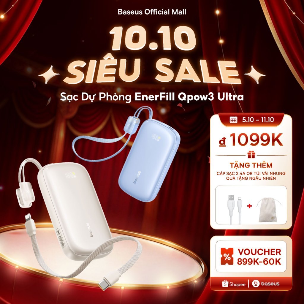 [Chứng nhận 3C MỚI] Baseus EnerFill FC21 Qpow 3 Ultra Digital Display Power Bank với cáp có thể tháo rời 10000mAh / 20000mAh 22,5W