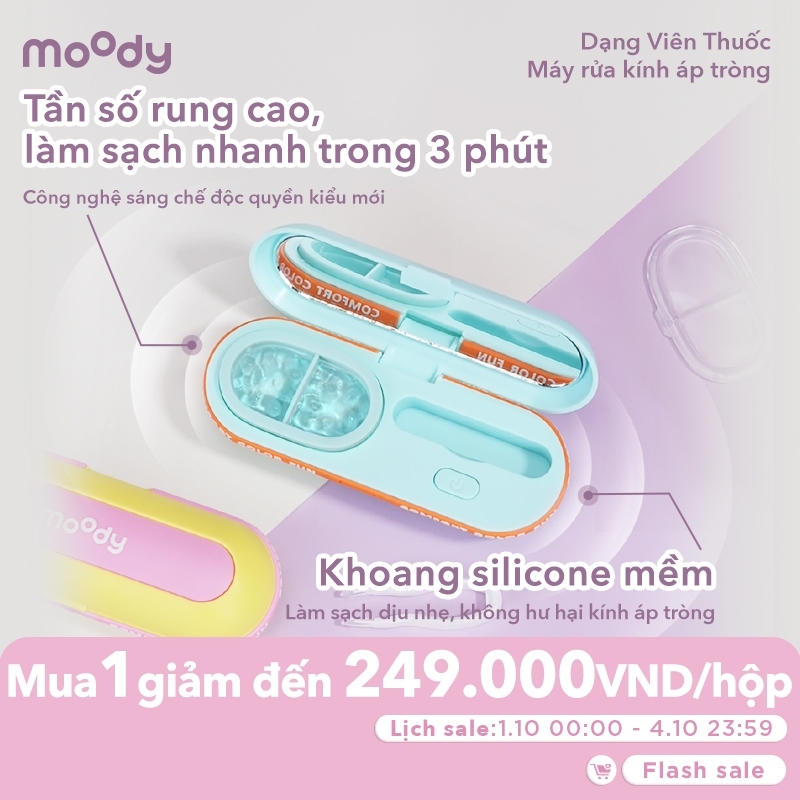 Máy rửa lens moody hình viên thuốc, màu sắc đa dạng dễ thương, làm sạch bằng sóng âm, phù hợp cho học sinh sinh viên