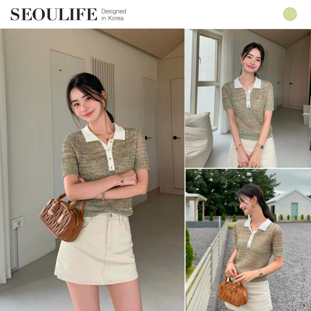 SEOULIFE | Mùa Xuân Mùa Hè 2026 Áo Polo Đan Kim Loại Rỗng Phong Cách Tiền Cũ Hàn Quốc, Hoàn Hảo Cho Công Việc, Đi Học Và Hẹn Hò, Giảm Béo Đa Năng & Làm Sáng Tác Dụng, Xanh Lanh