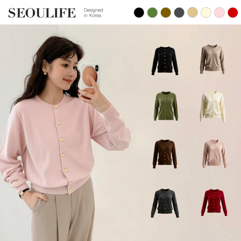 SEOULIFE | Áo len dệt kim nút vàng dành cho nữ, Áo len dài tay cổ tròn, vừa vặn quá khổ, giảm béo & dễ phong cách