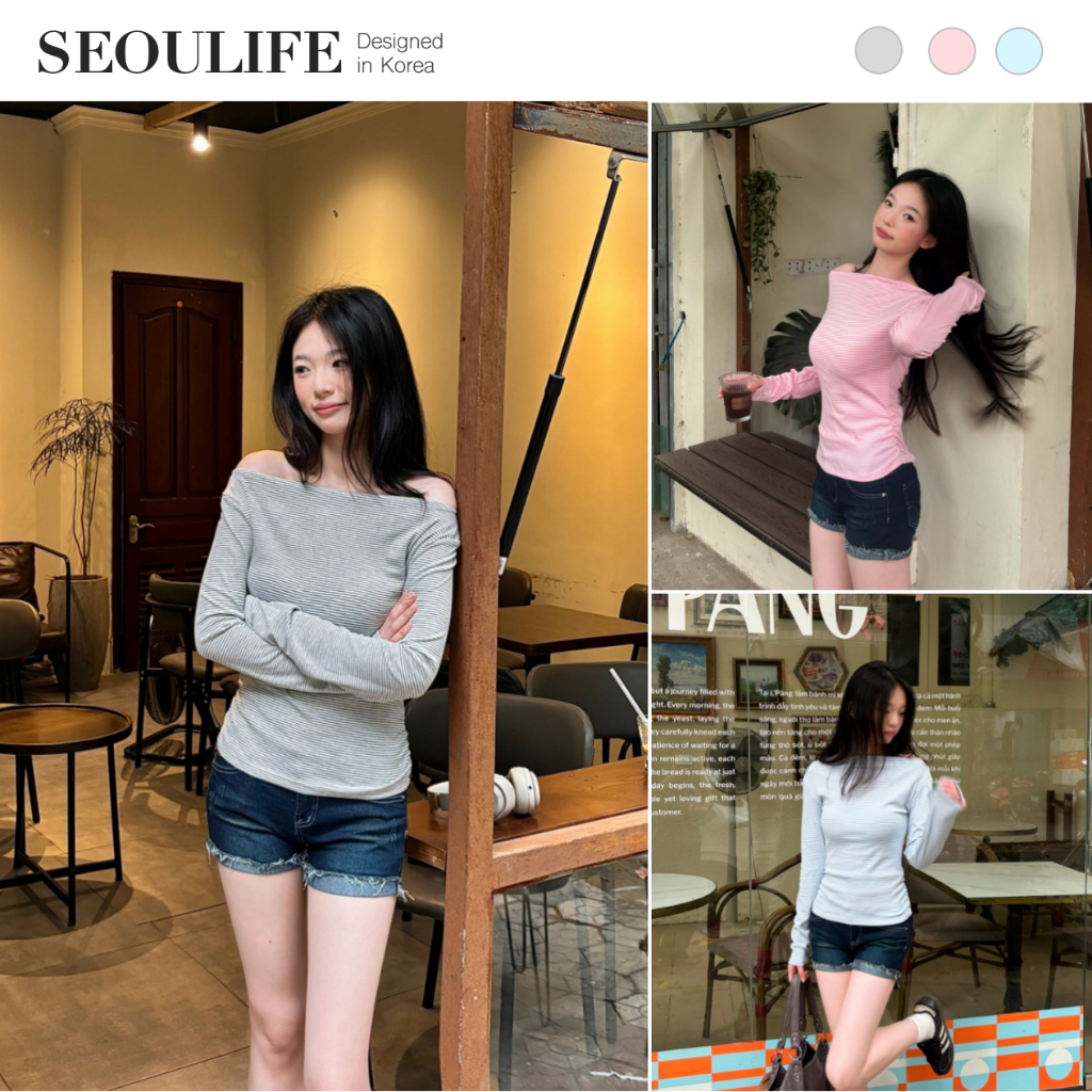 SEOULIFE | Áo thun nữ hở vai kẻ sọc form ôm tay dài phong cách Hàn Quốc Y2K ngọt ngào tôn dáng áo nữ thời trang 2026