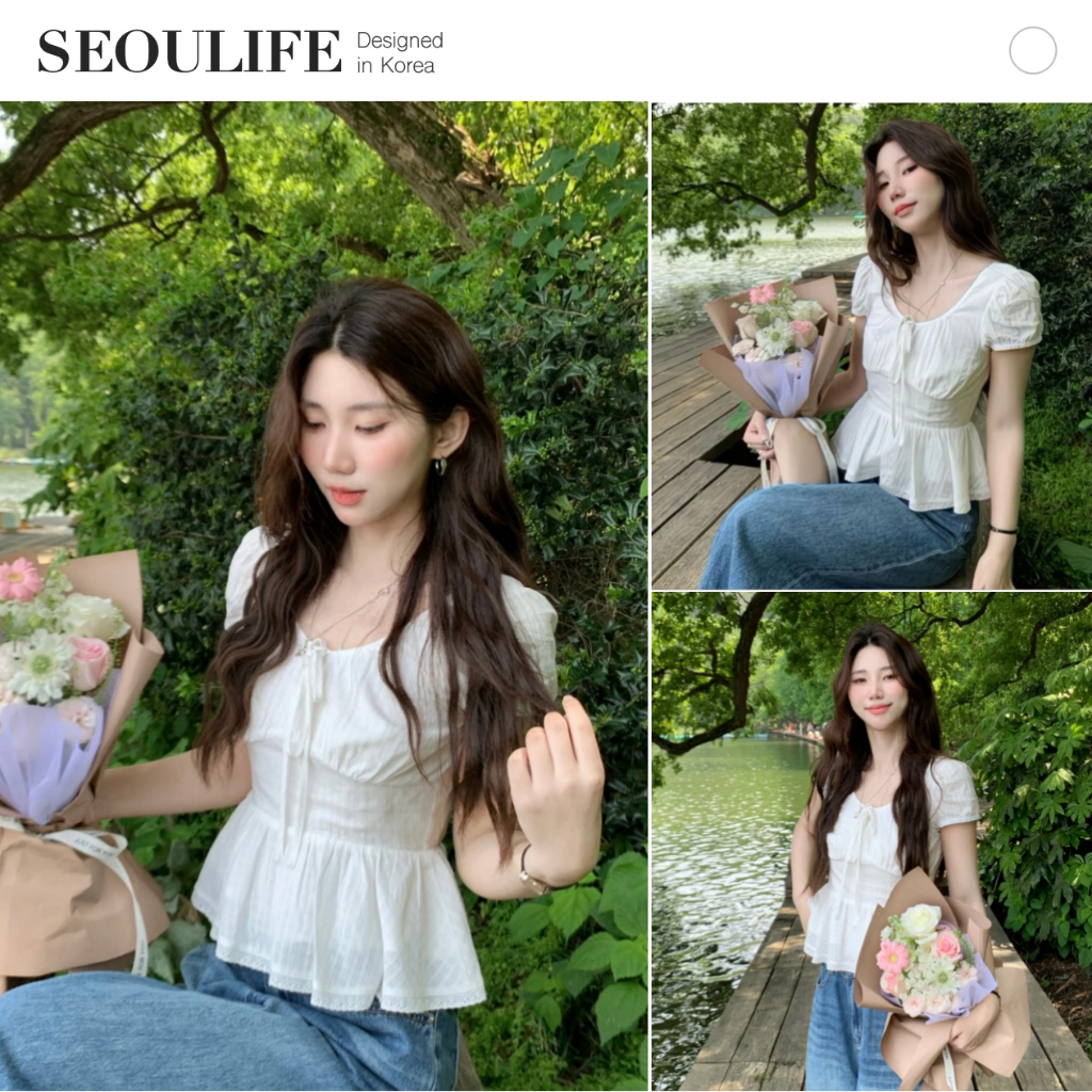 SEOULIFE | Áo sơ mi tay phồng phong cách Hàn Quốc cách ngọt ngào phong cách Hàn Quốc dành cho nữ cổ tròn và chữ A vừa vặn