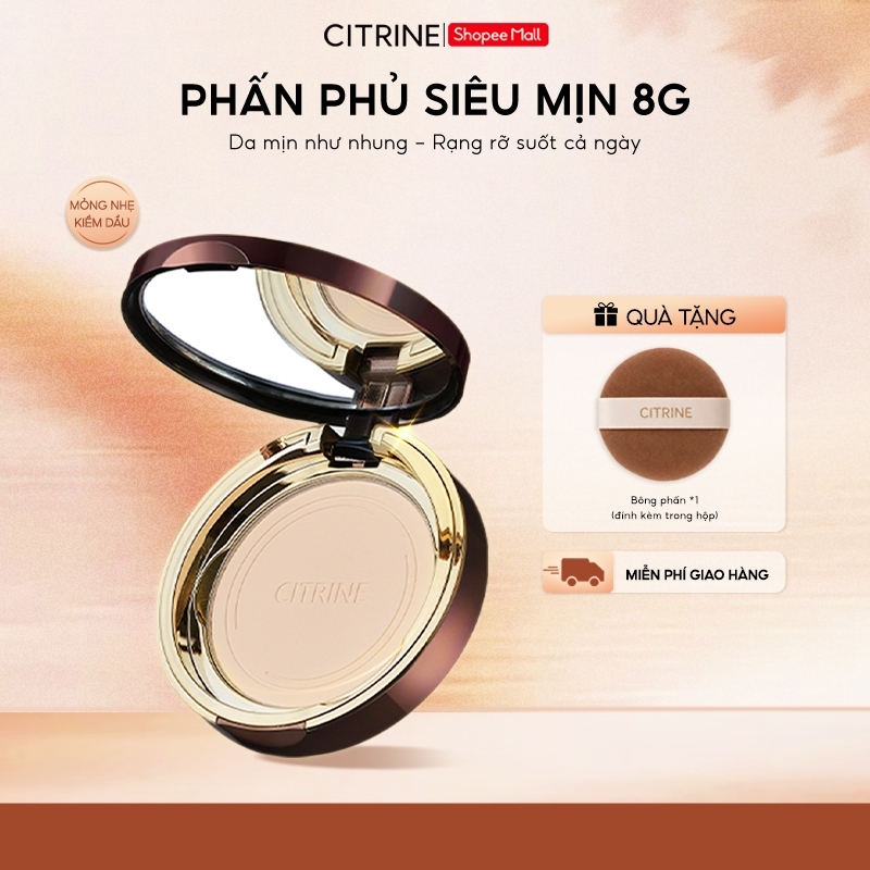 Phấn Phủ Nén Kiềm Dầu - CITRINE - 8G, Mịn Lì, Chống Nước, Lâu Trôi, Lành Tính, Hộp Tròn Sang Xịn