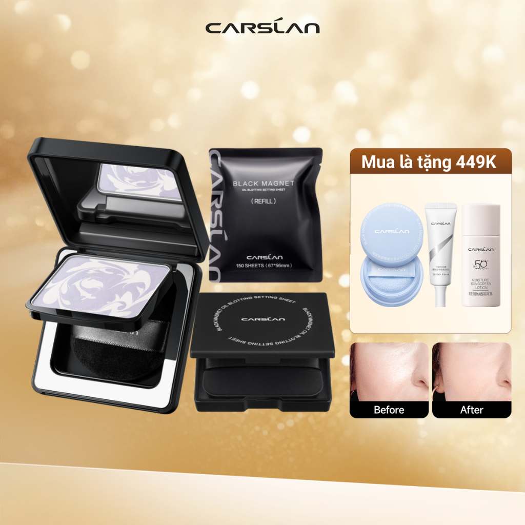 【Combo】Phấn nén Black Magnet  Carslan 8g + Carslan Black Magnet Giấy Thấm Dầu cố dịnh lớp makeup 300 tờ