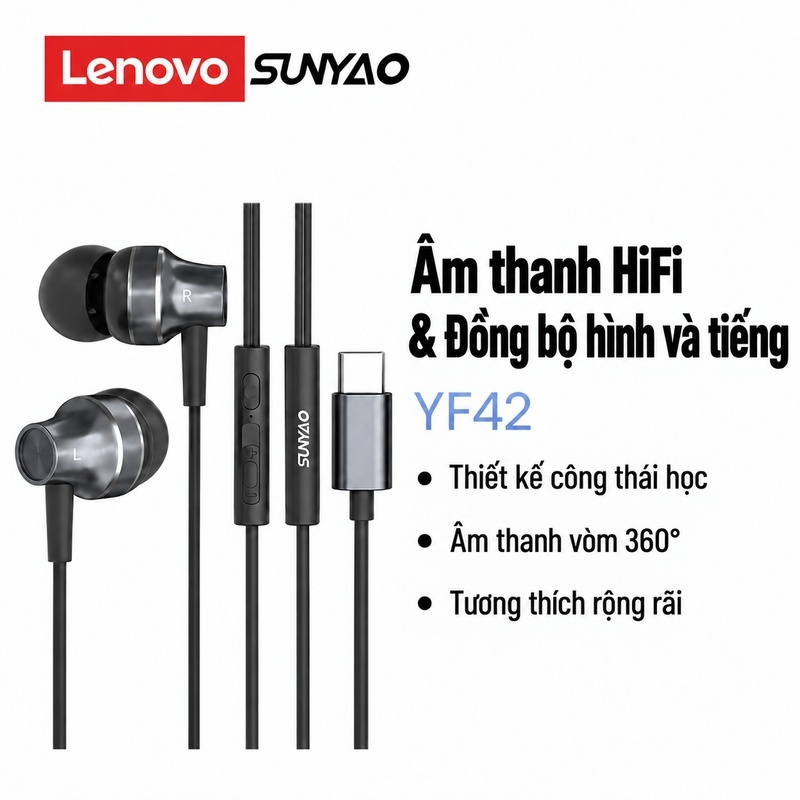 Tai nghe Lenovo Sunyao YF42 Type-C Tai nghe có dây HiFi kim loại có độ trễ thấp 360° Âm thanh vòm có Mic khử tiếng ồn | BigBuy360 - bigbuy360.vn