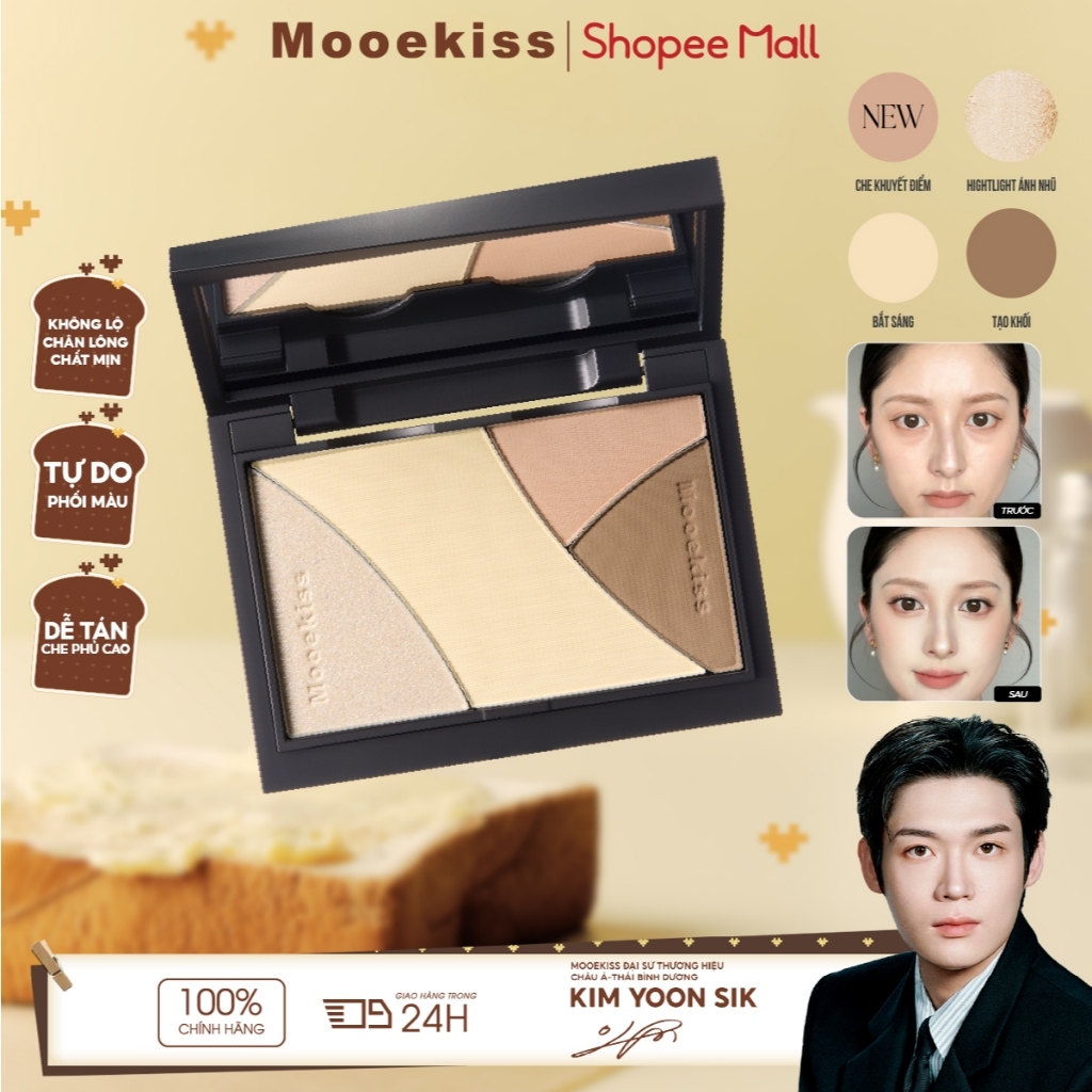 Bảng Tạo Khối Mooekiss Quad Palette, Contour & Highlight, Định Hình Khuôn Mặt, Lâu Trôi [KIM YOON SIK]