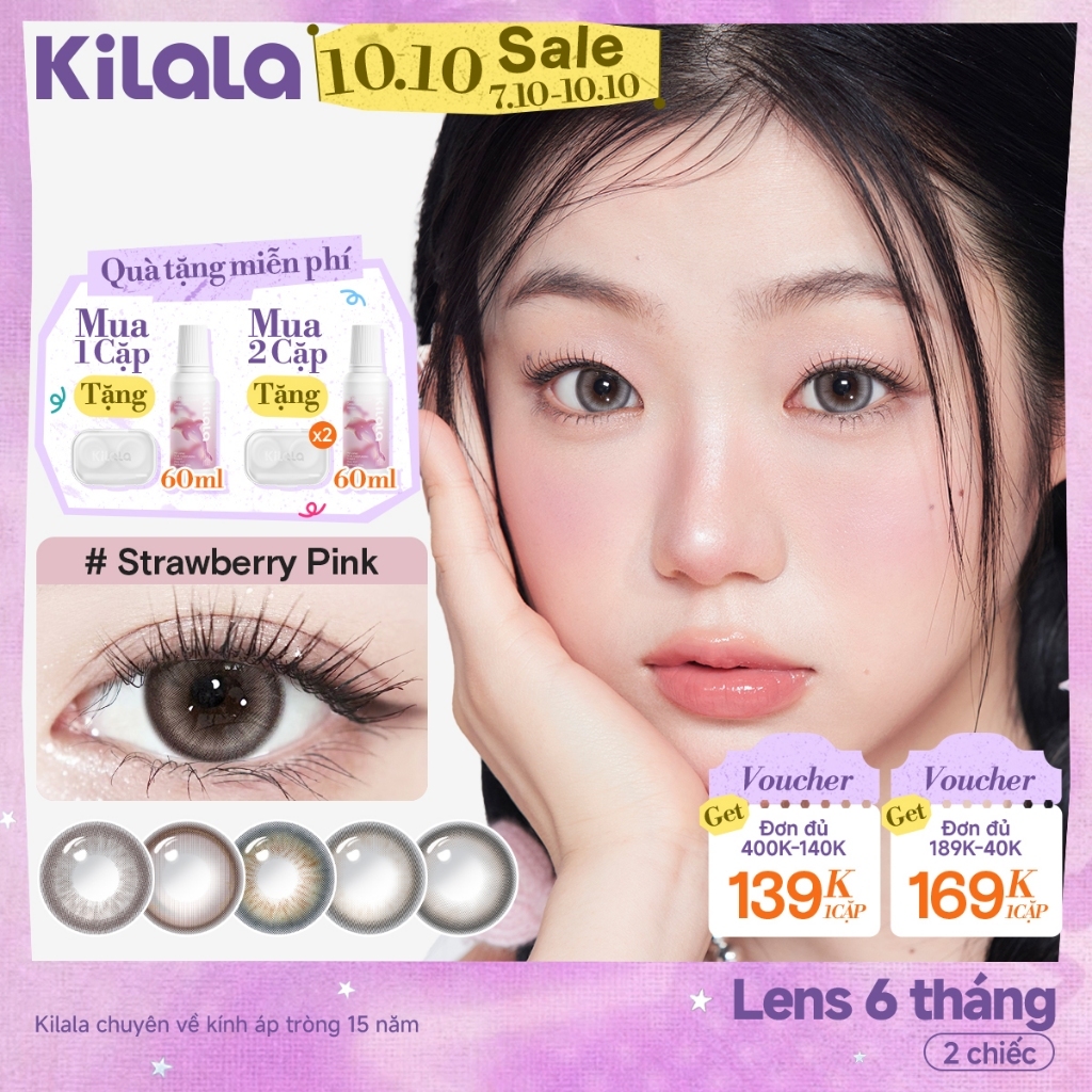 Kính áp tròng Kilala màu đen Strawberry Pink/Wind Yay Brown/ Wild Fruit Brown lens cận 6 tháng DIA 14.2mm có độ (0-7) 1 cặp.