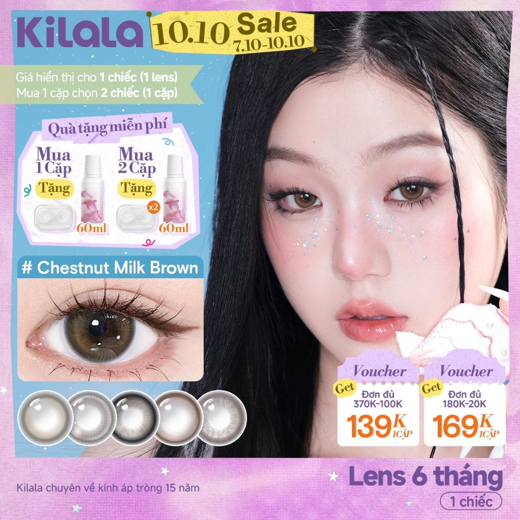 Kính áp tròng màu Kilala - Nâu Chestnut Milk Brown/ Xám Lychee Grey/ Xanh Pandora Blue lens cận 6 tháng DIA 14.2mm có độ (0-7)  Ocean Pearl Collection[Giá 1 chiếc lens ]