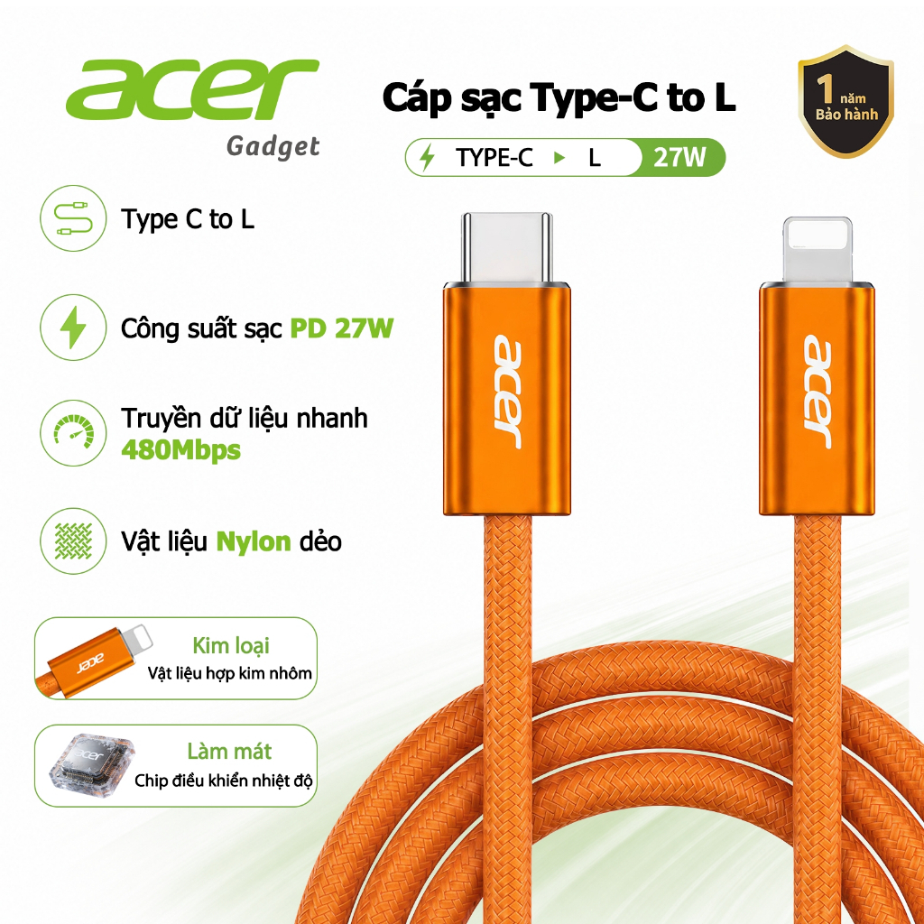 Acer Dây cáp sạc nhanh Type C sang L 27W PD Cáp USB C truyền dữ liệu cho Với cáp dữ liệu truyền dữ liệu 480 Mbps 20W Thích hợp cho IP 11 12 13 14 máy tính bảng UC0025