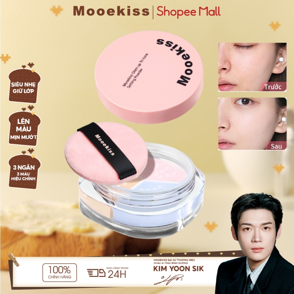 Phấn Phủ Mooekiss 3 Màu, Kiềm Dầu, Chống Nước Mồ Hôi, Lâu Trôi, Bột Mịn, Không Mốc 7.5g [KIM YOON SIK]