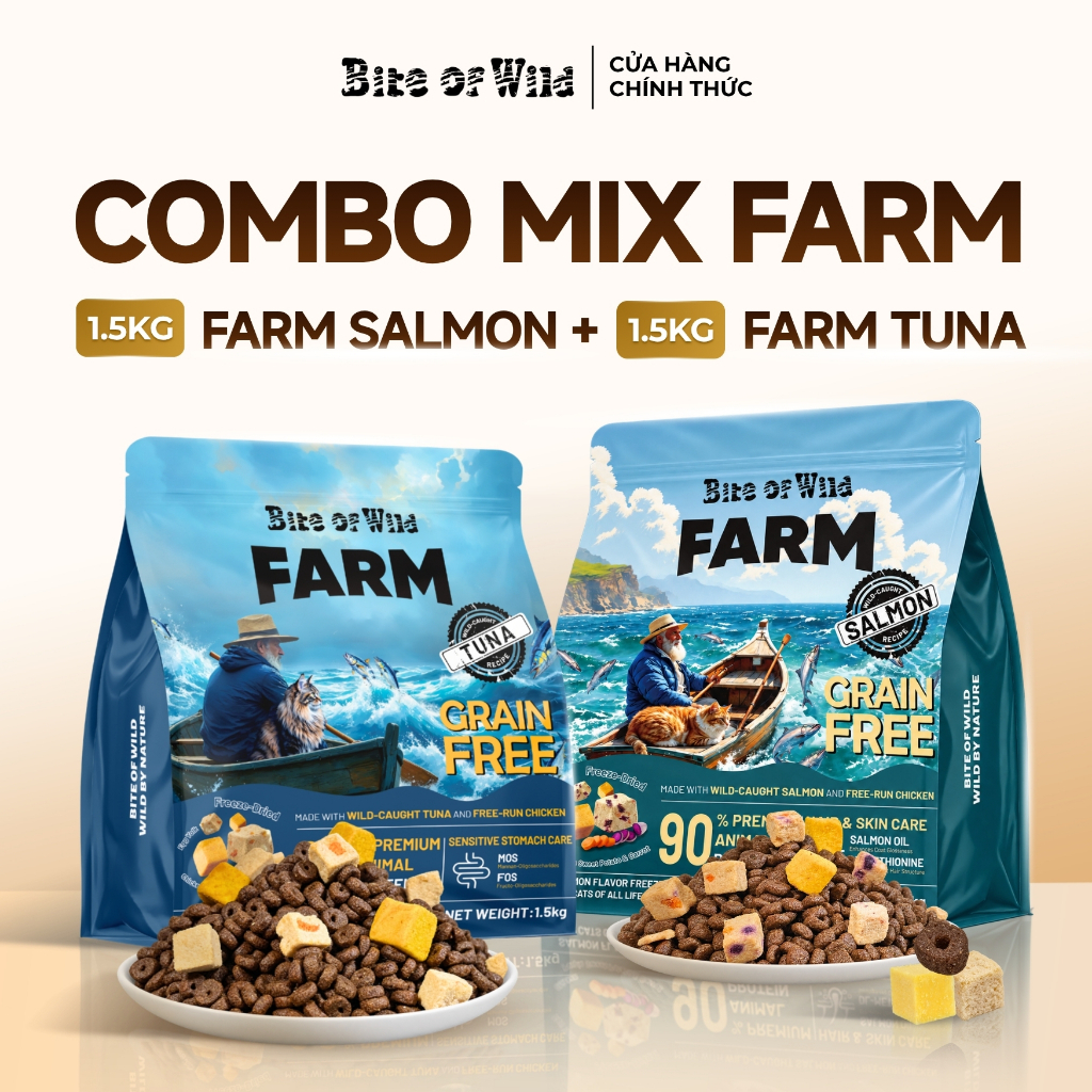 Combo Mix 2 Hạt Mèo Bite Of Wild Gói 1.5KG Cá Hồi, Cá Ngừ, 90% Cá Na Uy, Gà Nuôi Thả, 6 Loại Chất Xơ