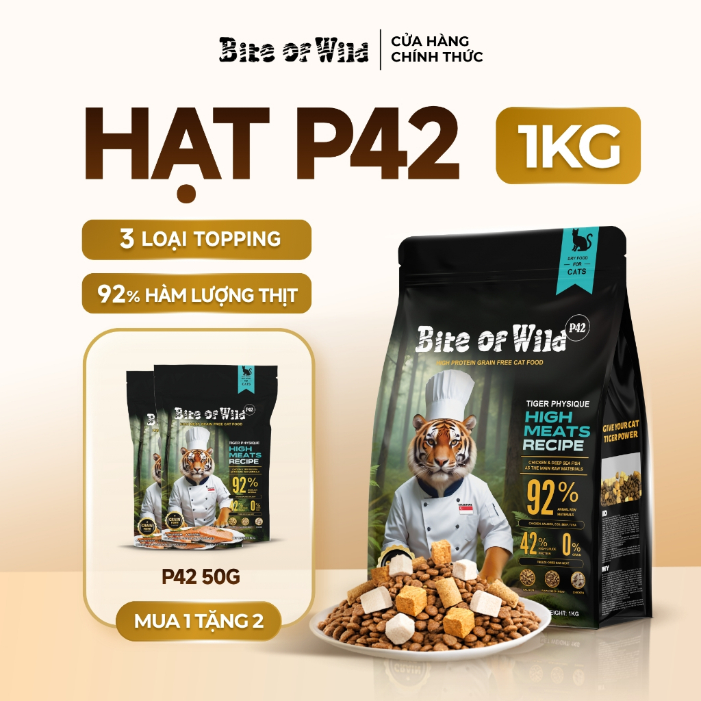 Thức Ăn Cho Mèo Bite Of Wild P42 Gói 1KG Mix Topping Thịt sấy Không Ngũ Cốc Cho Mèo Mọi Lứa Tuổi