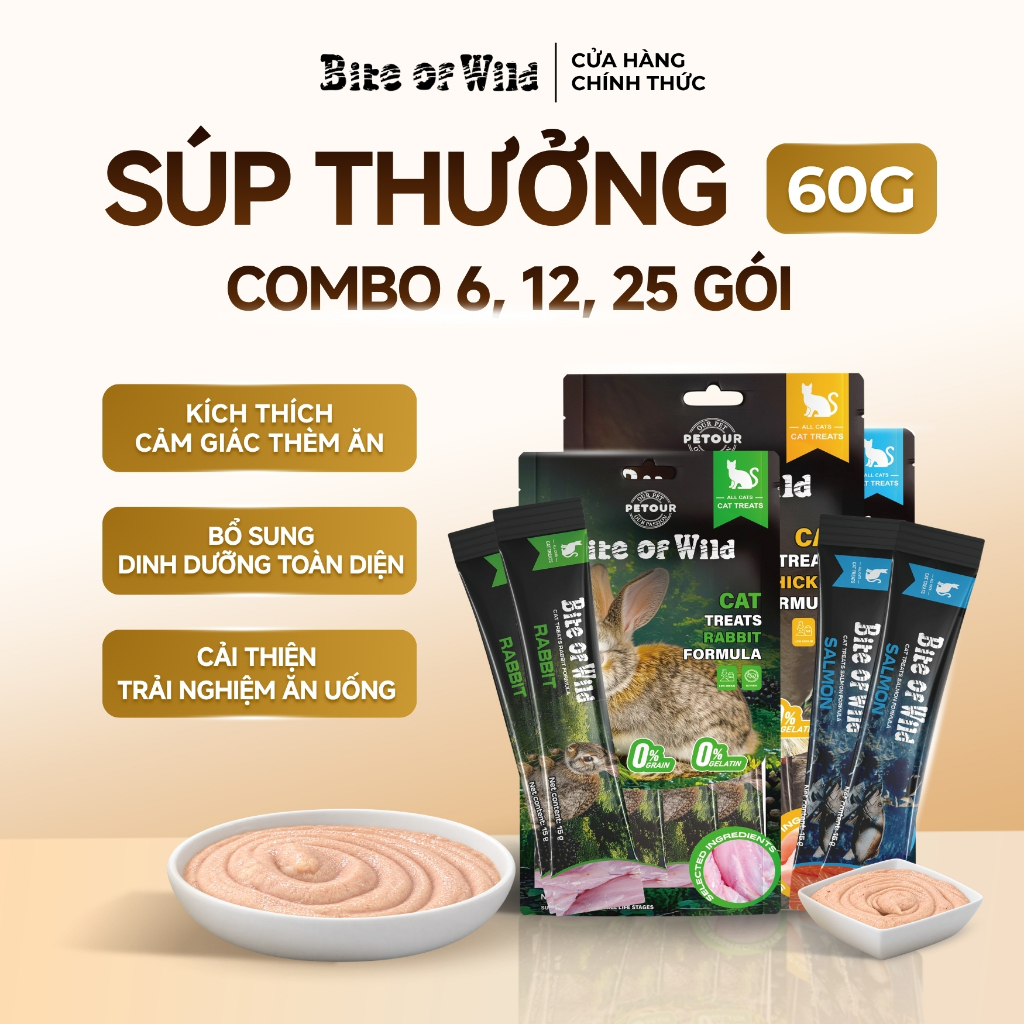 Súp Thưởng Cho Mèo Bite Of Wild Combo 6, 12, 25 Gói Không Gelatin, Ít Béo, Dùng Cho Mèo Mọi Lứa Tuổi
