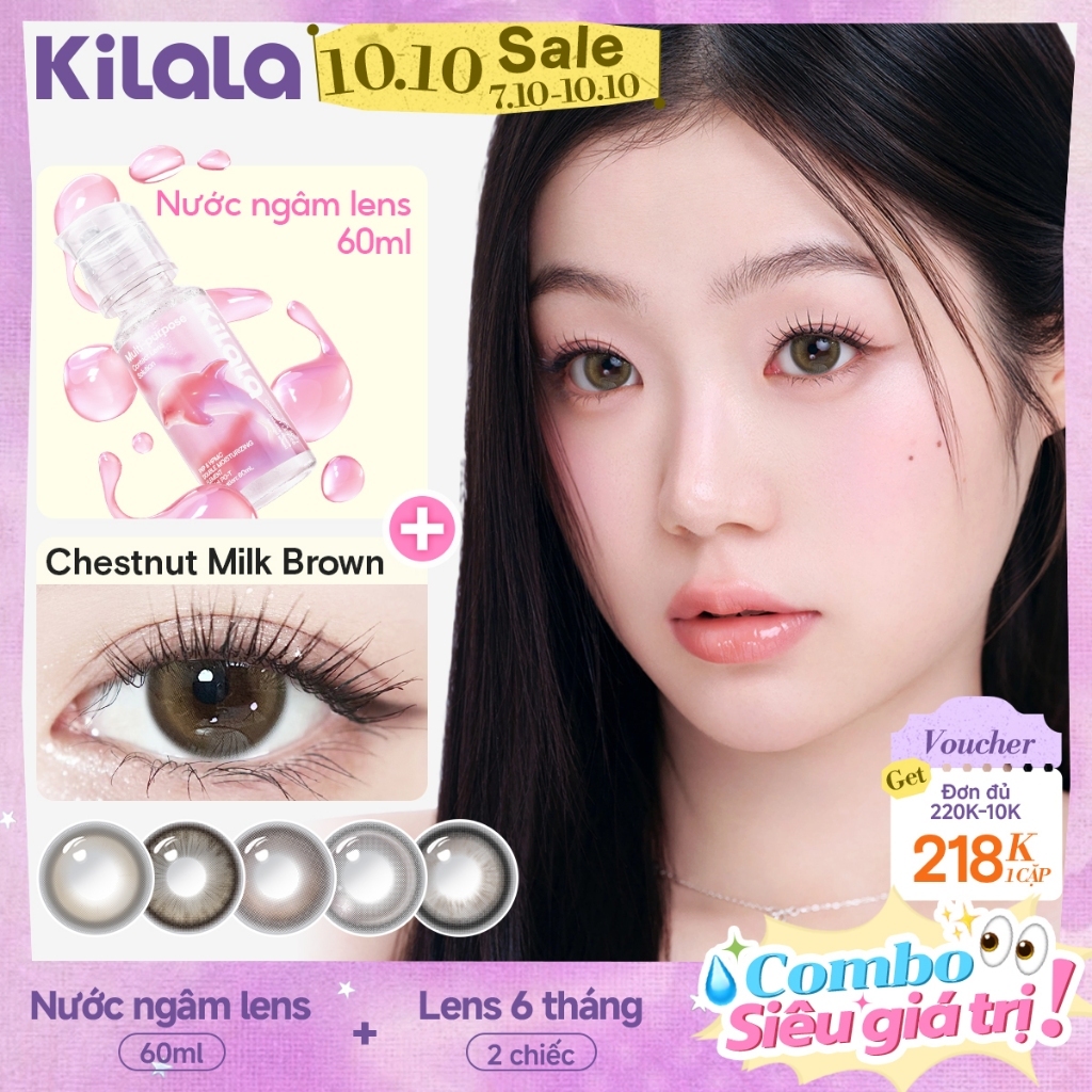 [ Combo ] Kính áp tròng màu Kilala + 60ml Nước ngâm lens Nâu Đen White Peach Brown/Pearly Grey lens cận 6 tháng DIA 14.2mm có độ (0-7) [Giá 2 chiếc lens ]