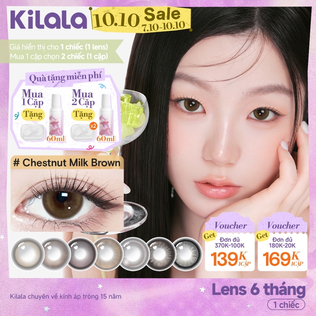 Kính áp tròng màu Kilala Nâu ChestnutMilkBrown/Sakura Pink lens cận 6 tháng DIA 14.2-14.5mm có độ (0-4)[Giá 1 chiếc lens ]