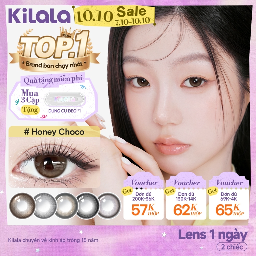 Kính áp tròng Kilala lens 1 ngày màu xám  DIA 14.0mm 14.2mm 14.5mm và màu xám Ice Oolong Brown,Ice Peach Grey,Honey Choco,Felinae Grey, Cold water Black lens cận 1 ngày có độ (0-7) 2 chiếc