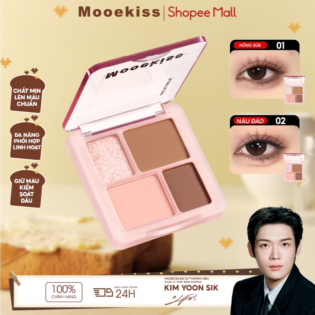 Phấn Mắt Mooekiss 4 Màu, Highlight & Nhũ, Tông Trung Tính, Dễ Tán, Makeup Tự Nhiên,Nhũ Lấp Lánh,Lì Mịn / Matte,Bão Hòa Thấp,Không Lem