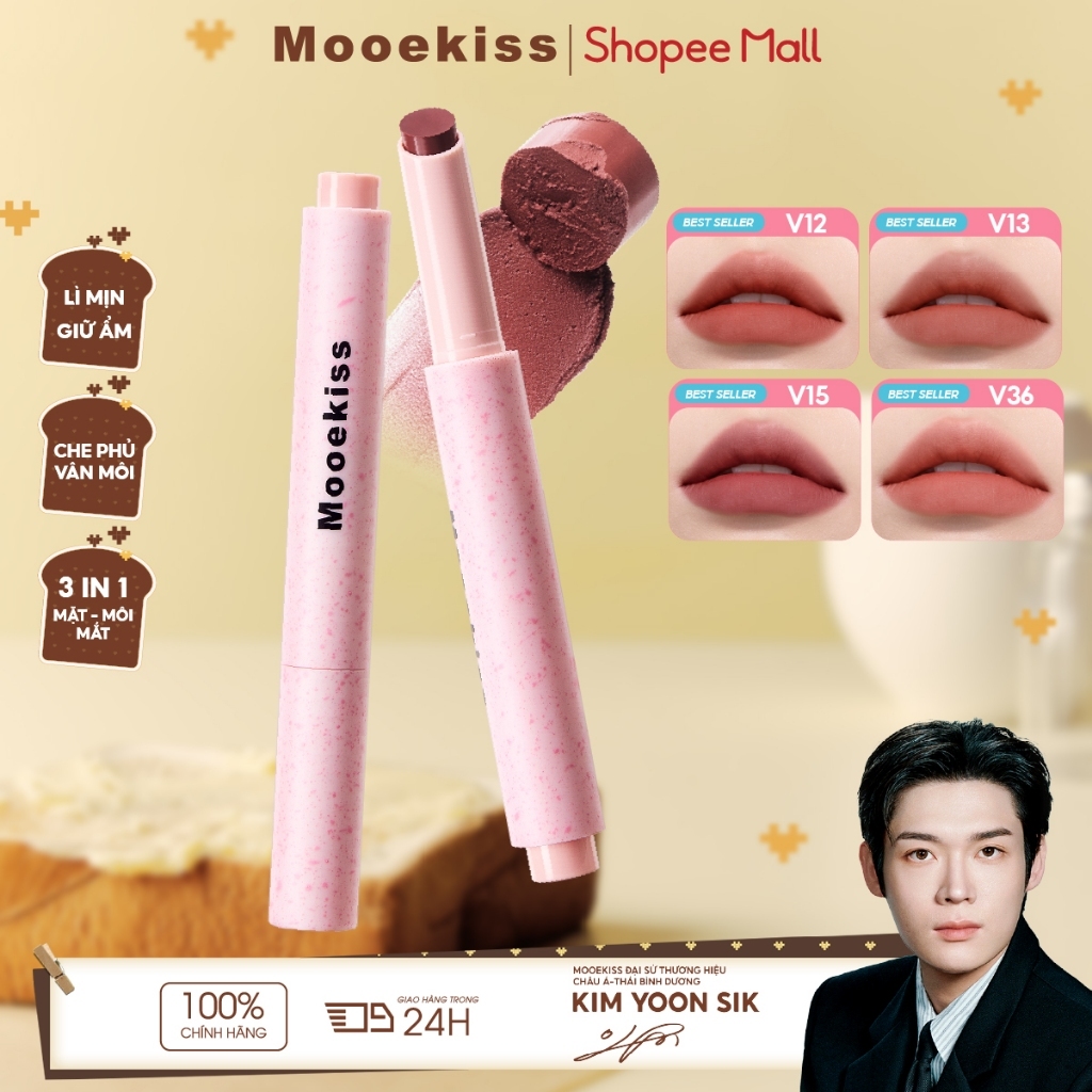 Bút bùn môi Mooekiss Velvet Mist, son môi ép, bóng mờ, son môi sương hồng (1.8g)