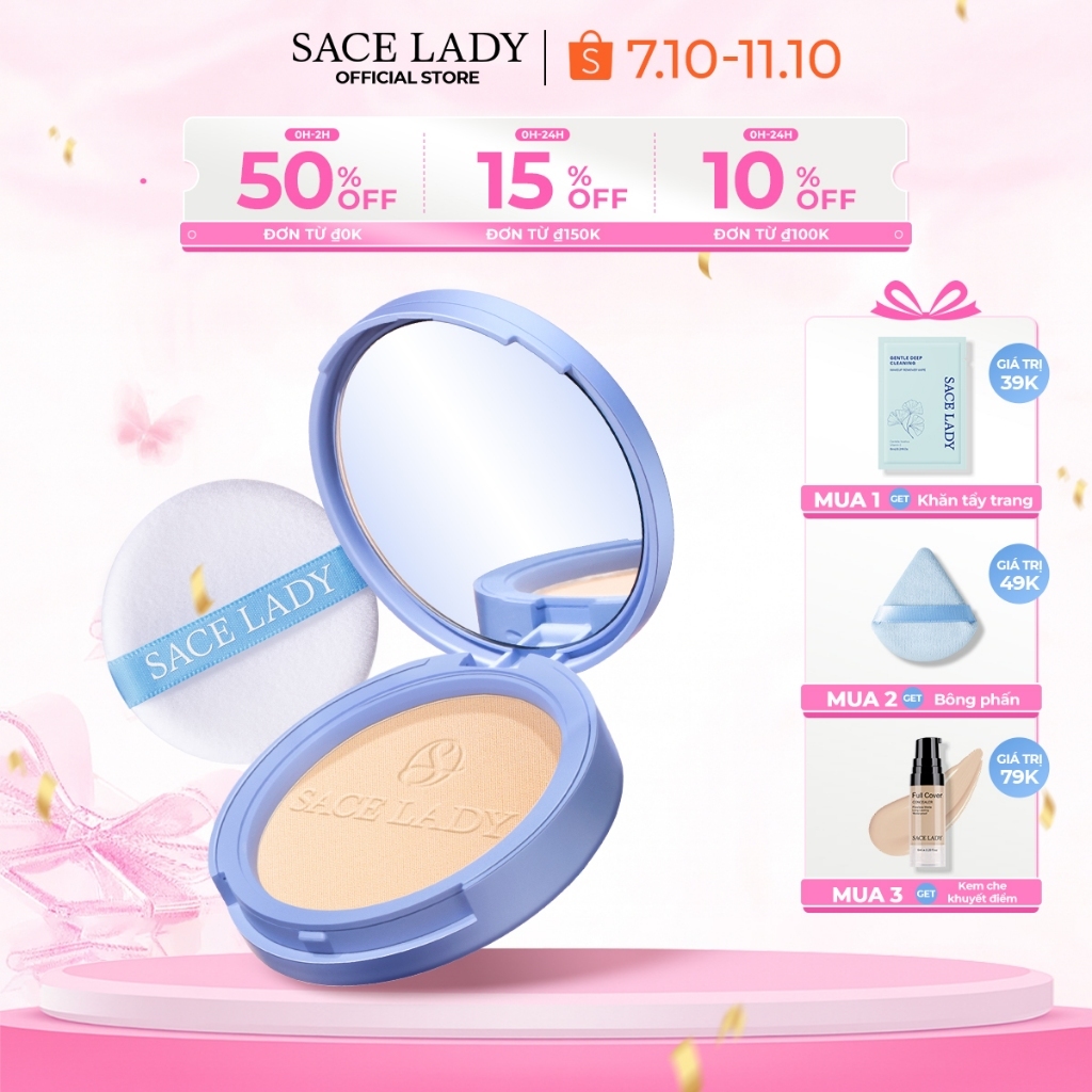 Phấn Phủ SACE LADY Kiềm Dầu Dộ Che Phủ Cao Lâu Trôi Kháng Nước  với 3 màu tùy chọn 10g