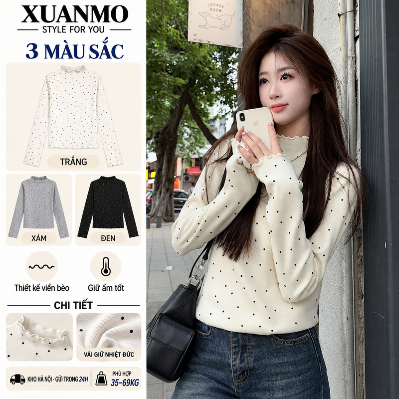 Áo baby tee thun dài tay ôm body Áo Thun Nữ Thu Đông Chấm Bi, Cổ Cao, Thiết Kế Slim-Fit