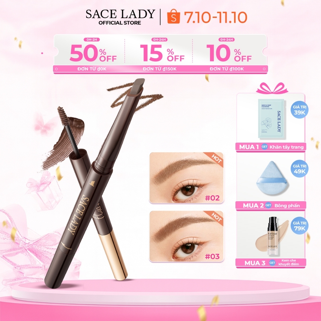 SACELADY Bút chì kẻ mày 2 trong 1 & Gel nhuộm màu lông mày đều màu chống thấm nước 0,95g