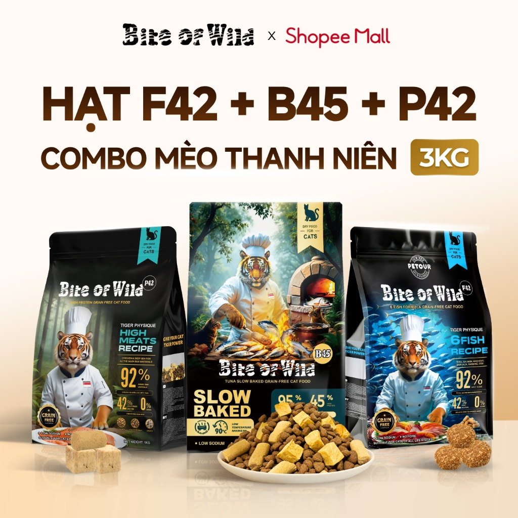 Combo Mèo Thanh Niên Bite Of Wild F42 + B45 + P42 gói 1kg 42% - 45% protein, không chứa ngũ cốc cho mèo mọi lứa tuổi