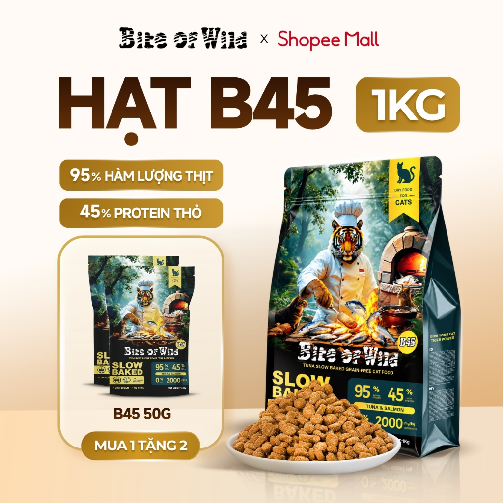 Thức ăn cho mèo Bite Of Wild B45 gói 1kg, 95% thịt tươi, không độn ngũ cốc, cho mèo mọi lứa tuổi