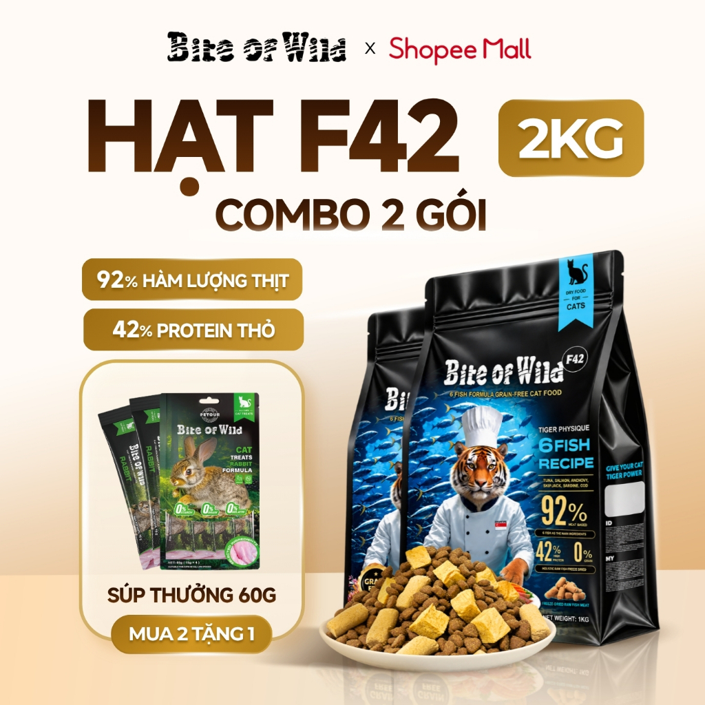Thức ăn cho mèo Bite of Wild F42 combo 2 gói 1KG 42% protein từ 6 loại cá, không ngũ cốc, cho mèo mọi lứa tuổi