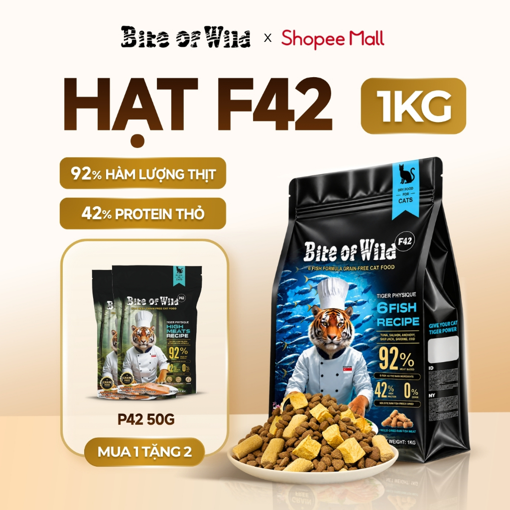 Thức ăn cho mèo Bite of Wild F42 gói 1KG 42% protein từ 6 loại cá, không ngũ cốc, cho mèo mọi lứa tuổi