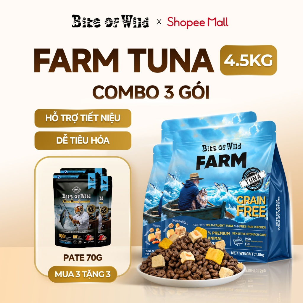 Hạt Mèo Bite Of Wild Farm Cá Ngừ Combo 3 Gói 1.5KG,  90% Cá Ngừ, Giảm Mùi Hôi, Nuôi Lợi Khuẩn