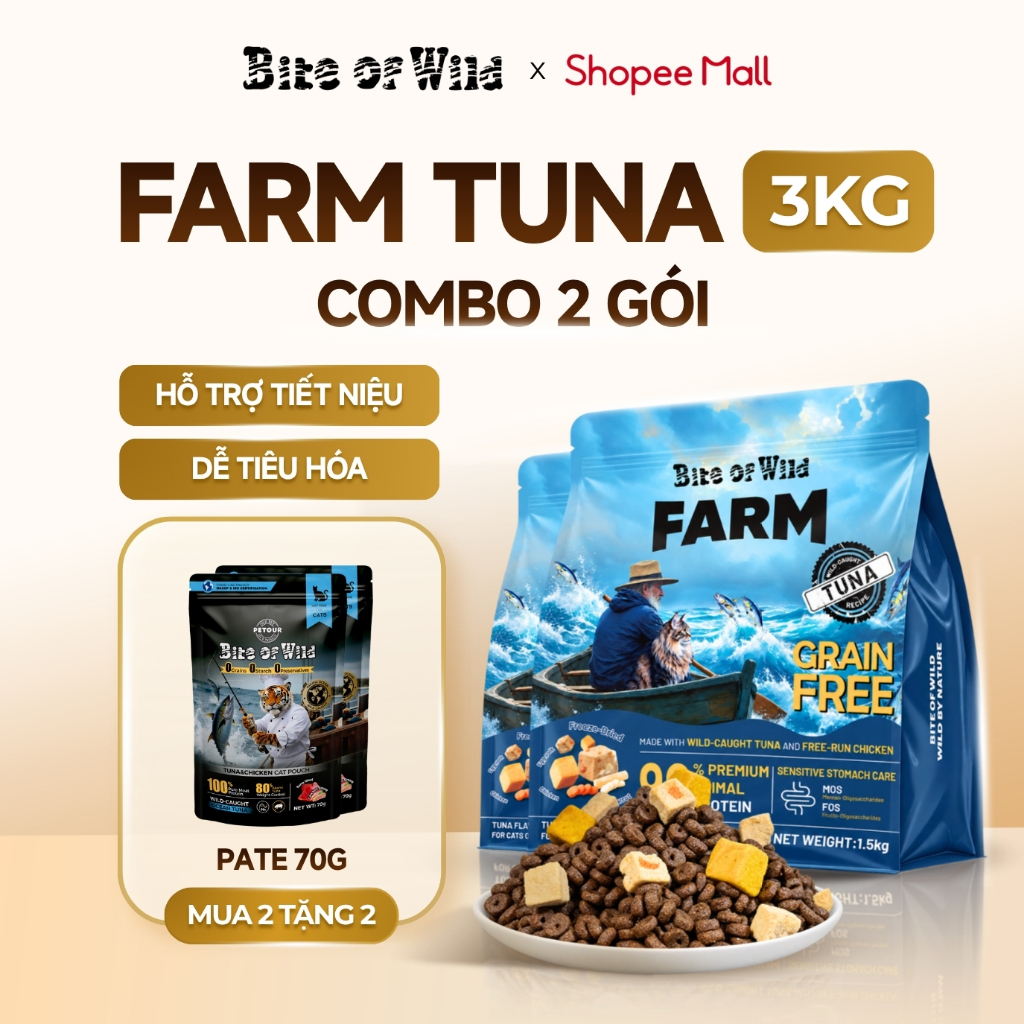 Hạt Mèo Bite Of Wild Farm Cá Ngừ Combo 2 Gói 1.5KG,  90% Cá Ngừ, Giảm Mùi Hôi, Nuôi Lợi Khuẩn