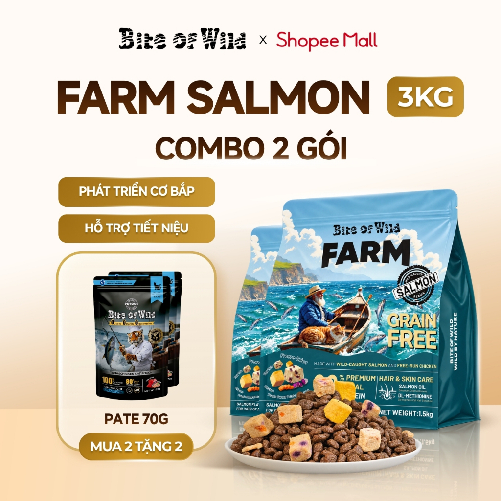 Hạt Mèo Bite Of Wild Farm Cá Hồi Combo 2 Gói 1.5KG 90% Cá Hồi Na Uy, Hỗ Trợ Tiêu Hóa, Chăm Da & Lông