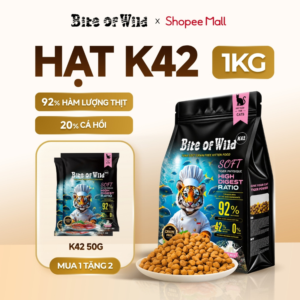 Thức ăn cho mèo Bite Of Wild K42 gói 1KG vị cá ngừ không chứa ngũ cốc công thức sữa dê cho mèo con