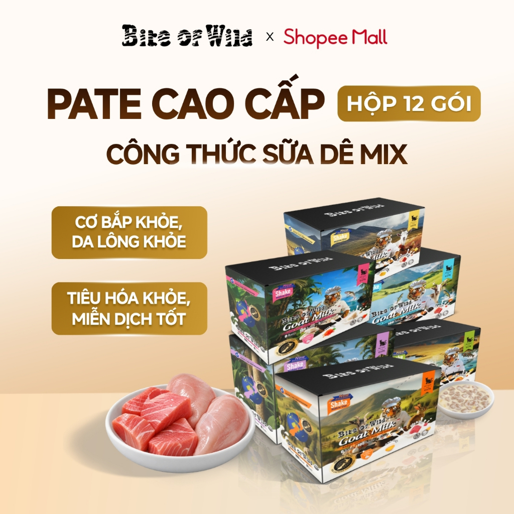[MỚI] Pate Cao Cấp Bite of Wild Hộp 12 Gói 70G Công Thức Sữa Dê Mix Cá Ngừ, Cá Hồi Và Gà Bổ Sung Dinh Dưỡng