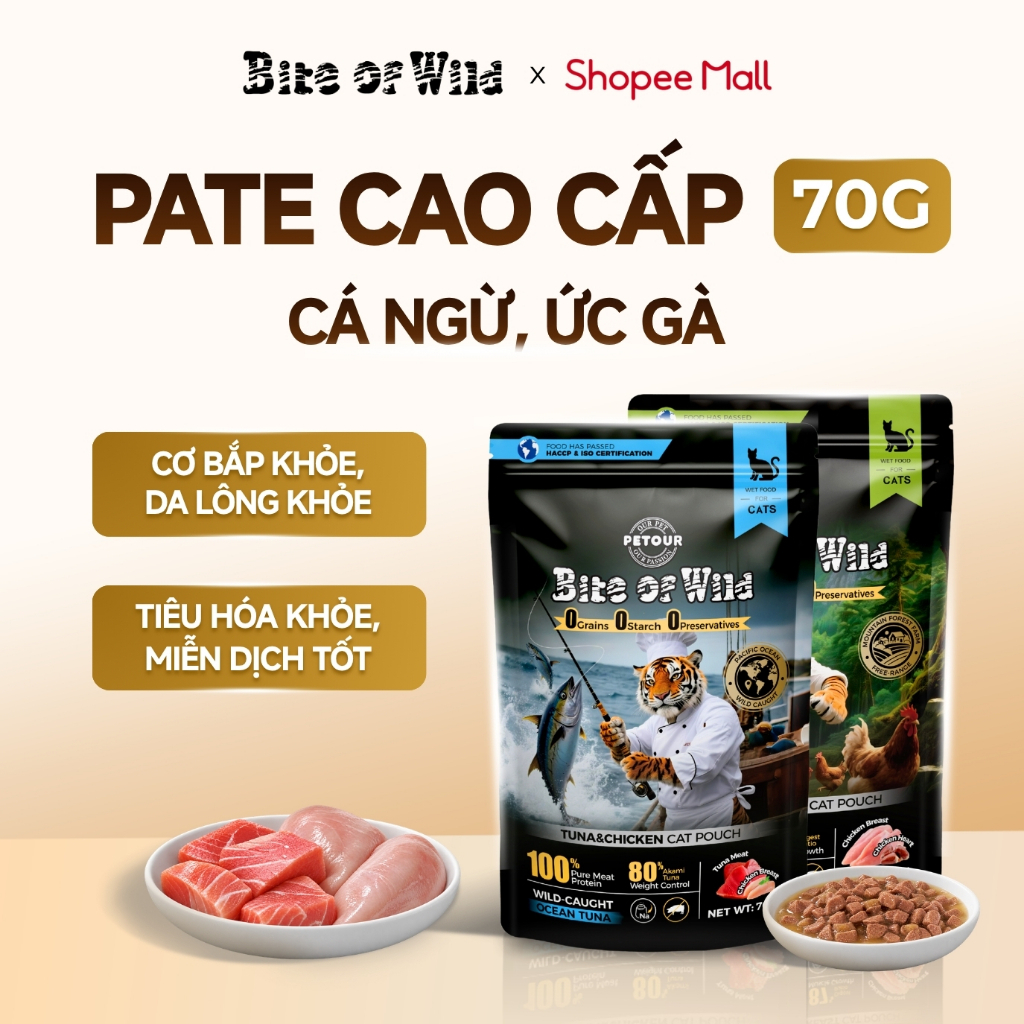 Pate Cao Cấp Bite of Wild Gói 70G Công Thức Cá Ngừ, Ức Gà, Phát Triển Cơ Bắp Và Sức Khỏe Tổng Thể