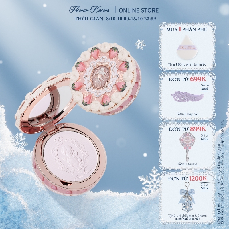 Phấn Phủ Nén Flower Knows Strawberry Cupid Bộ Sưu Tập Thiết Lập, Che Khuyết Điểm & Hoàn Thiện Lấy Nét Mềm 9,5g