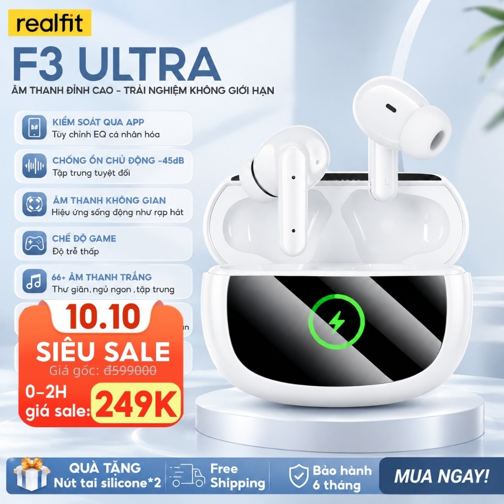 Tai nghe không dây Realfit F3 Ultra Hi-Fi | ANC -45dB Pin 50H | Tùy chỉnh EQ | Bass mạnh | APP riêng