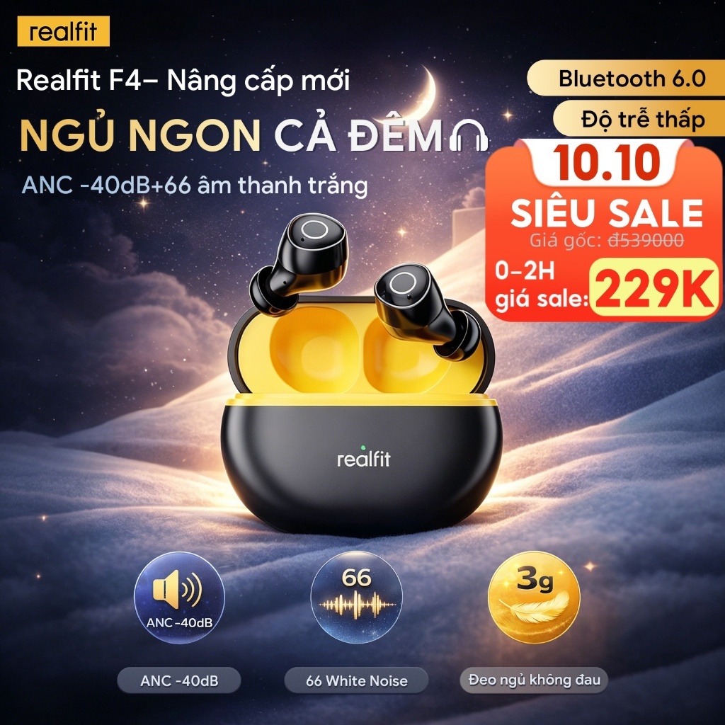 Tai Nghe Bluetooth Realfit F4 Nâng cấp Mới,Chống ồn ANC-40dB APP Riêng, 66 Âm Trắng,BT6.0, Bass Mạnh